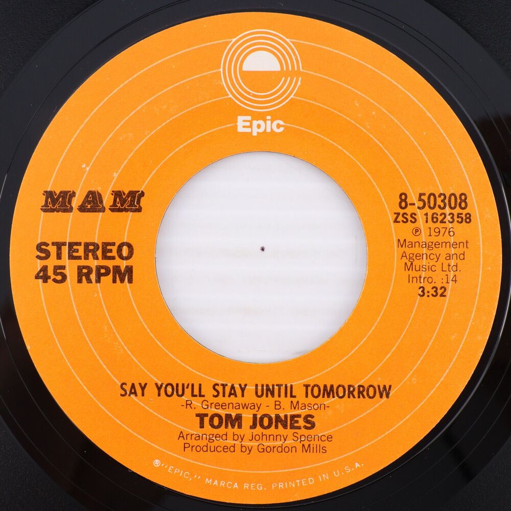 Tom Jones – Say You'll Stay Until Tomorrow / Lady Lay - 45 rpm 7" Record 8-50308